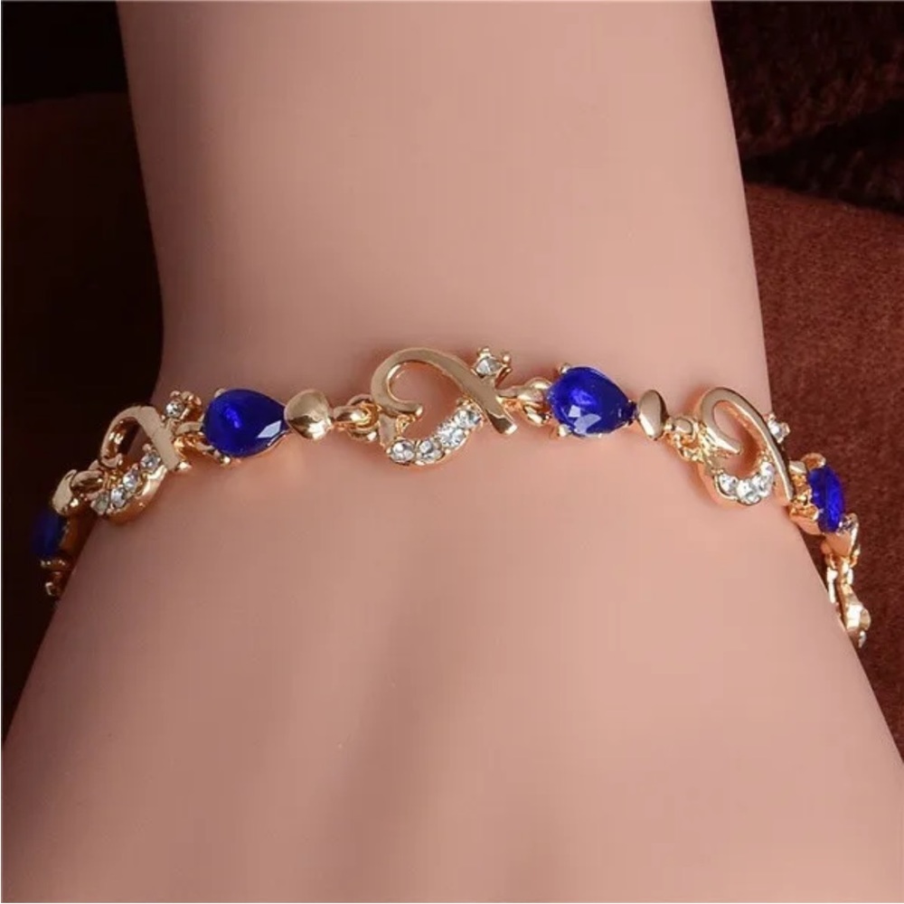 Gold Plated Blue Cubic Zirconia Hearts Bracelet